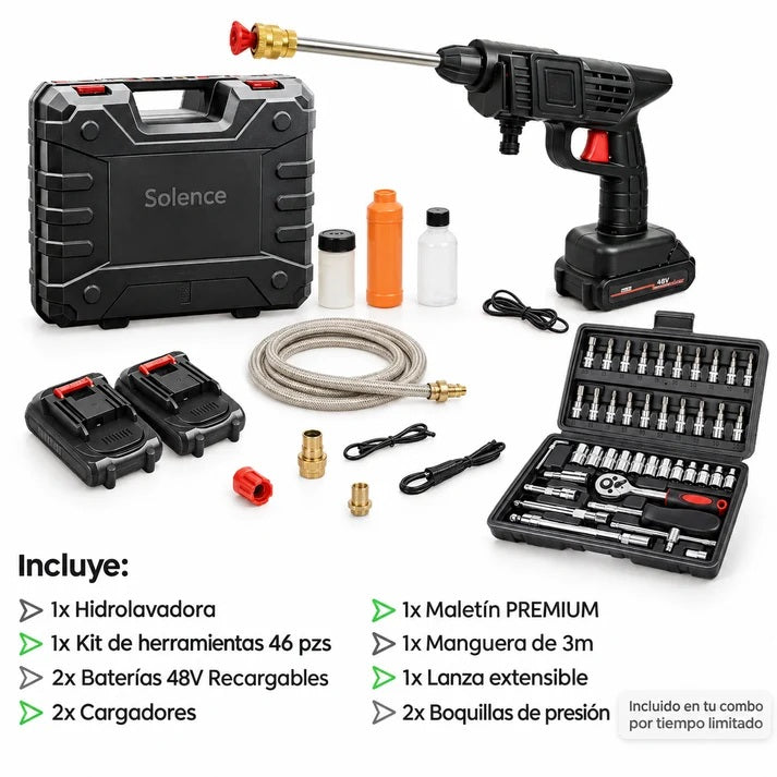 COMBO LIQUIDACIÓN: Hidrolavadora + (Kit de Herramientas 46 Pzs + Doble Batería + Maletín)